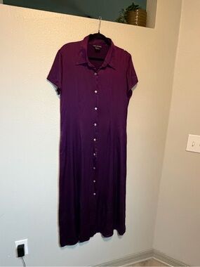 Halston Deep Purple Button-Front Maxi Shirt Dress SILK 1990s VINTAGE MEDIUM 13